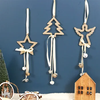 Деревянная рождественская подвеска с колокольчиком, выдалбливают Рождественскую елку, Подвесной орнамент в форме ангела, пентаграммы, Изысканный креативный прочный