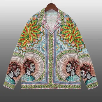 Ретро Контрастная рубашка с художественным портретным принтом, Модная рубашка с длинным рукавом в богемном стиле, праздничная рубашка для мужчин, рубашка для вечеринки в стиле хип-хоп